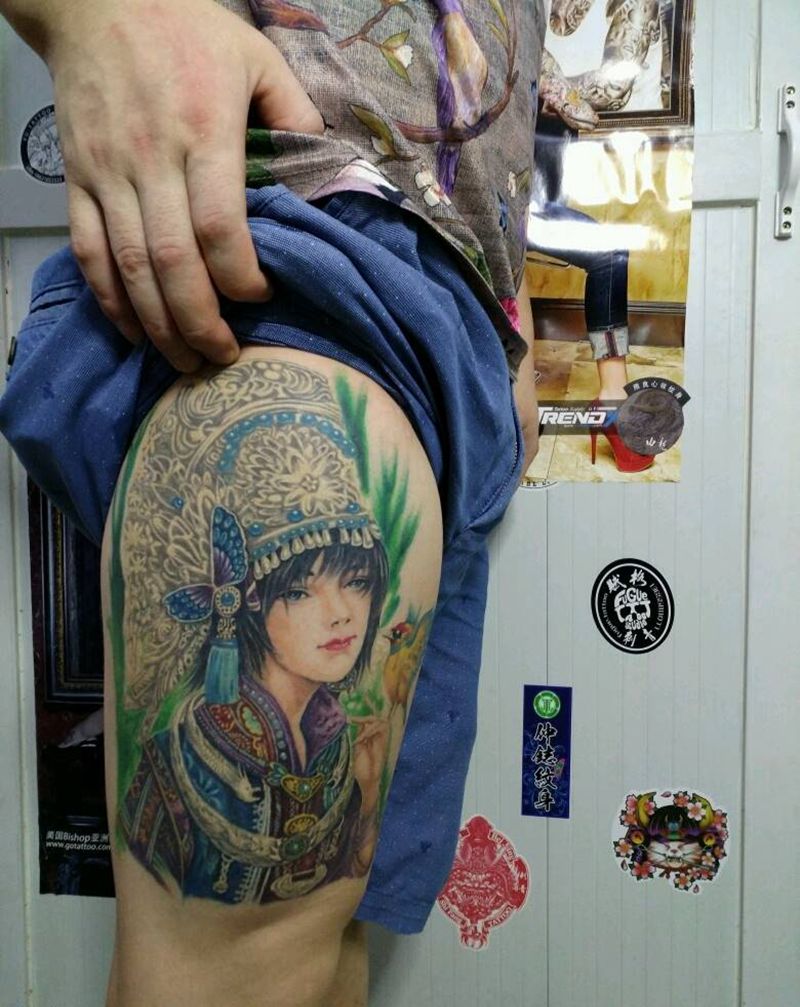 苗族姑娘纹身图片_腿部脚部欧美传统习俗肖像写实人物植物插画纹身图案