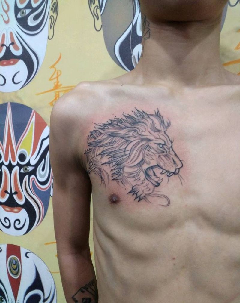 狮纹身图片_胸部肩部点刺几何纹身图案