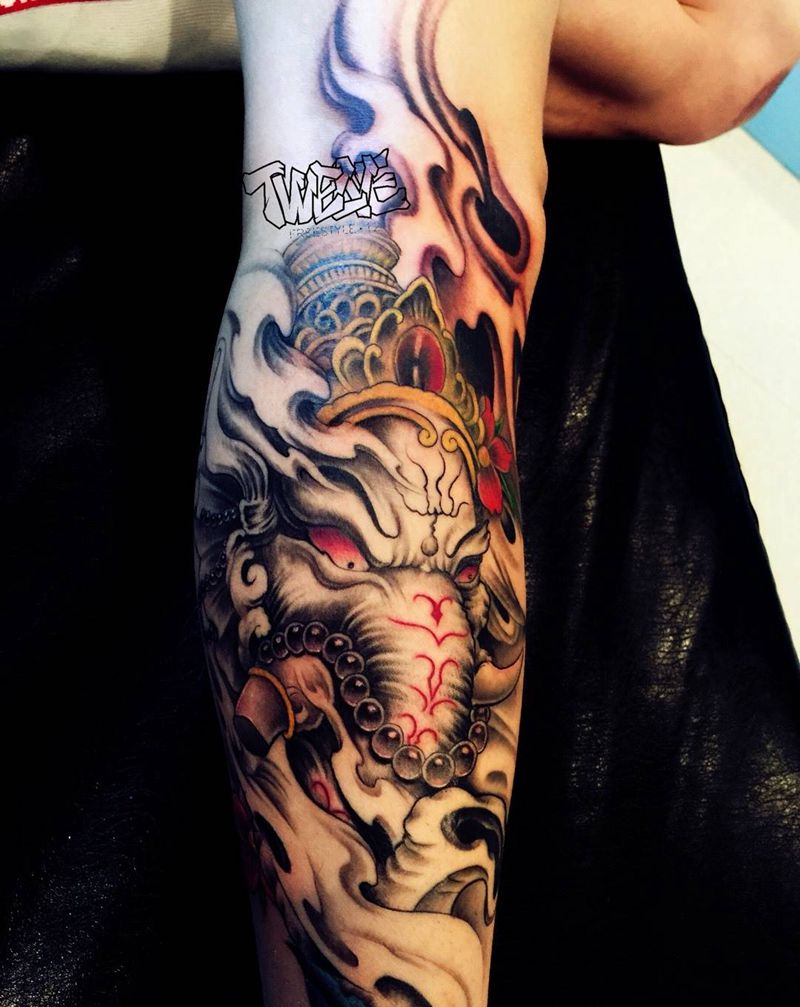 象神纹身图片_传统动物脚部腿部成品纹身图案