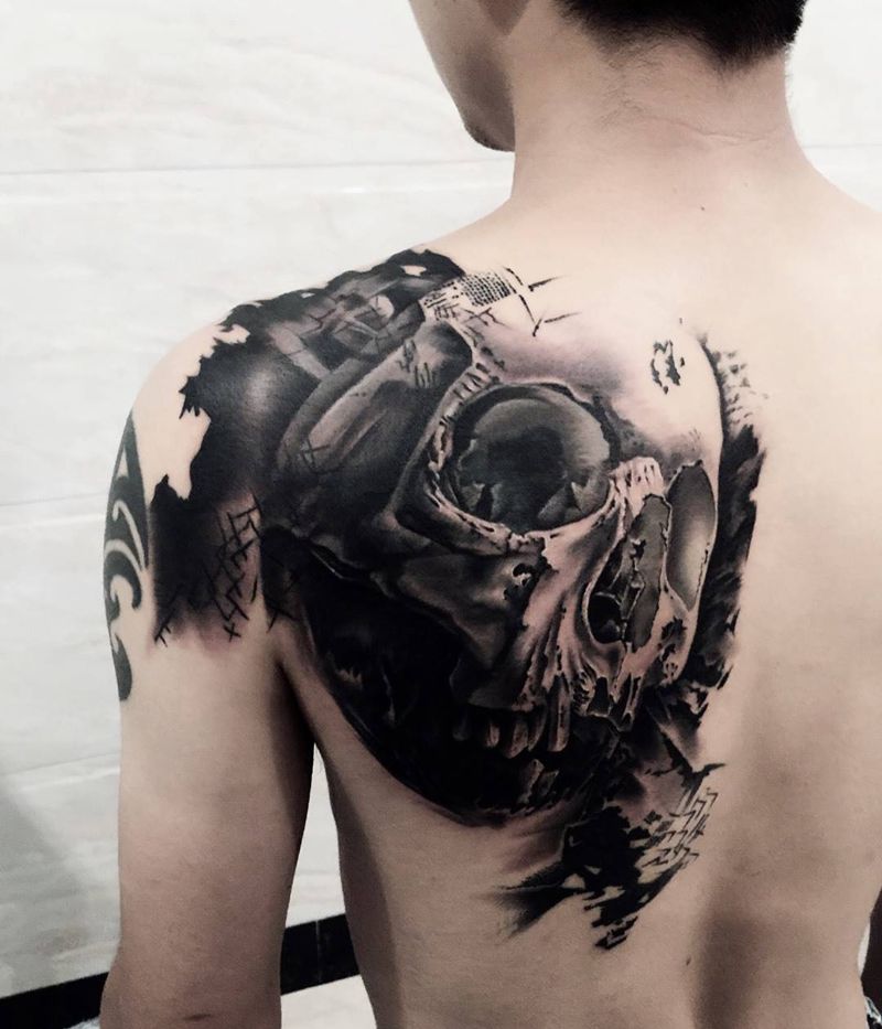 骷髅纹身图片_成品背部欧美鬼神纹身图案