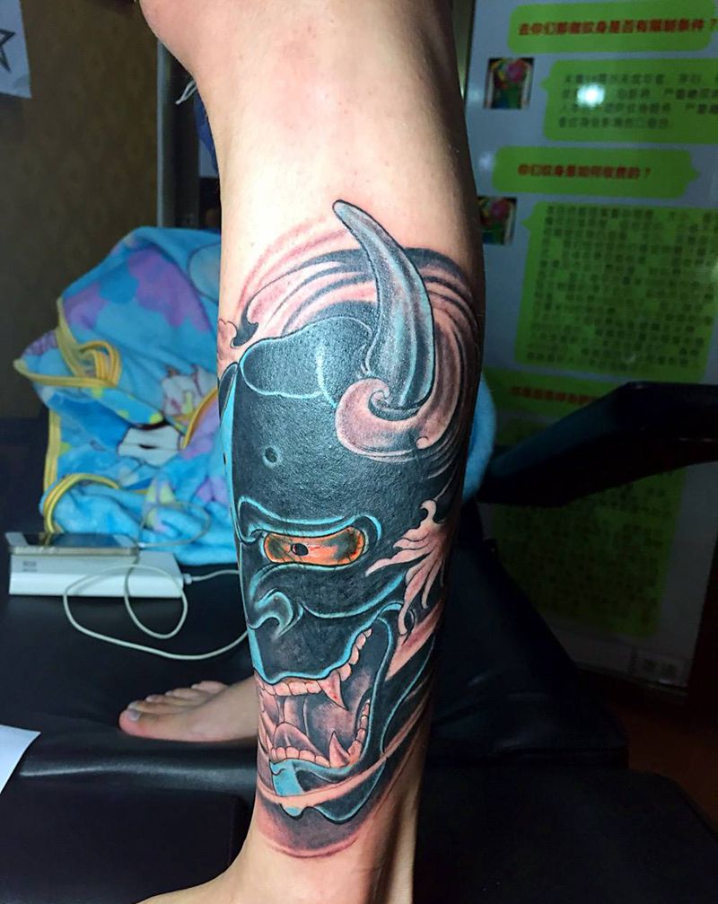 覆盖纹身图片_成品腿部传统鬼神纹身图案