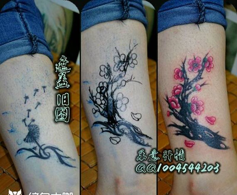 梅花盖旧图纹身图片_腿部脚部传统清新植物插画纹身图案