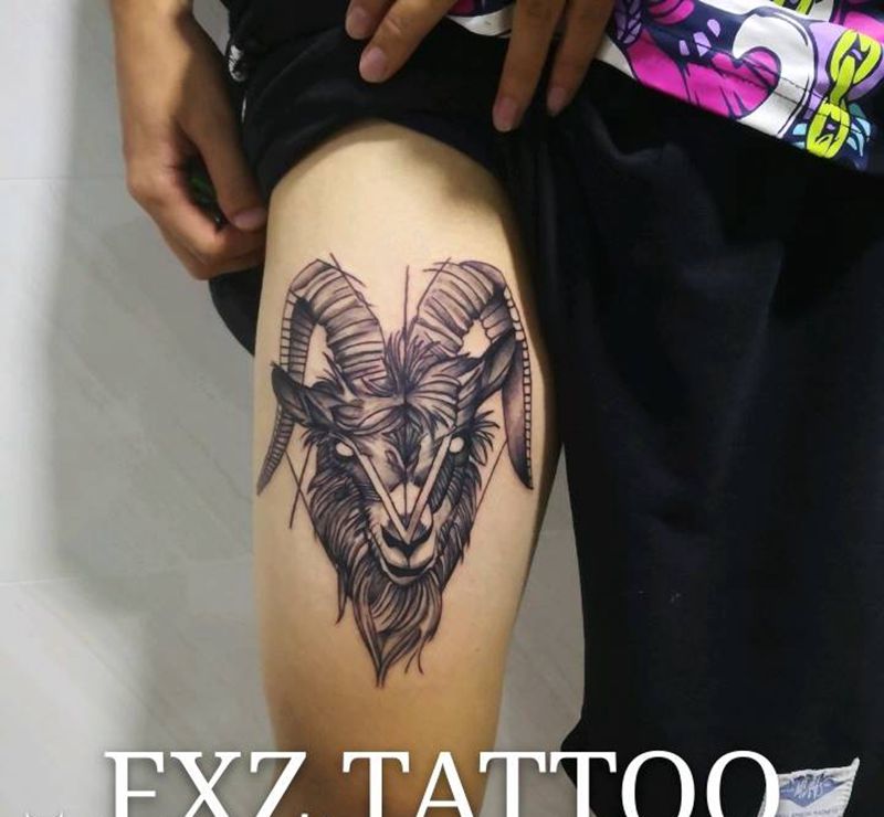 生肖羊纹身图片_腿部纹身图案