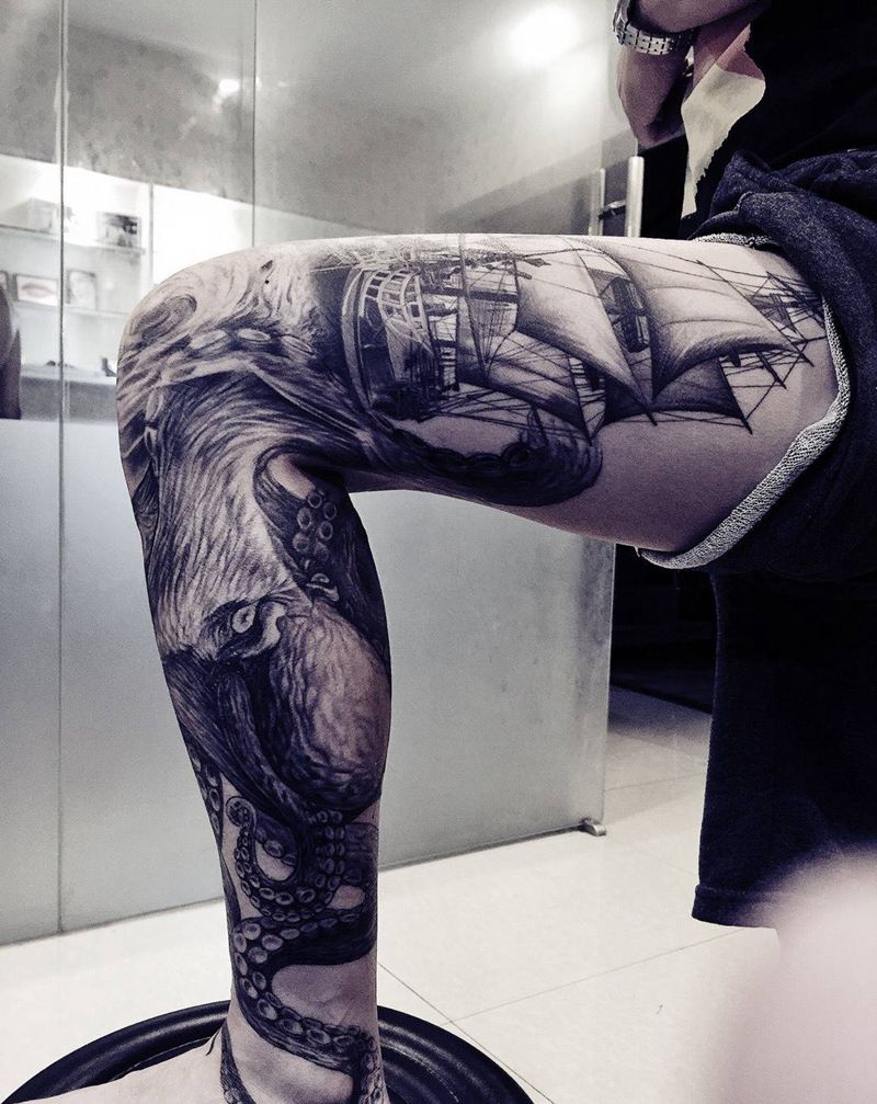 未完成纹身图片_原创写实欧美腿部成品纹身图案