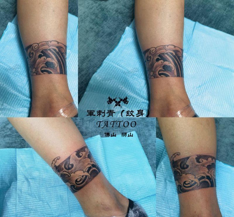 水浪脚环纹身图片_腿部新传统纹身图案