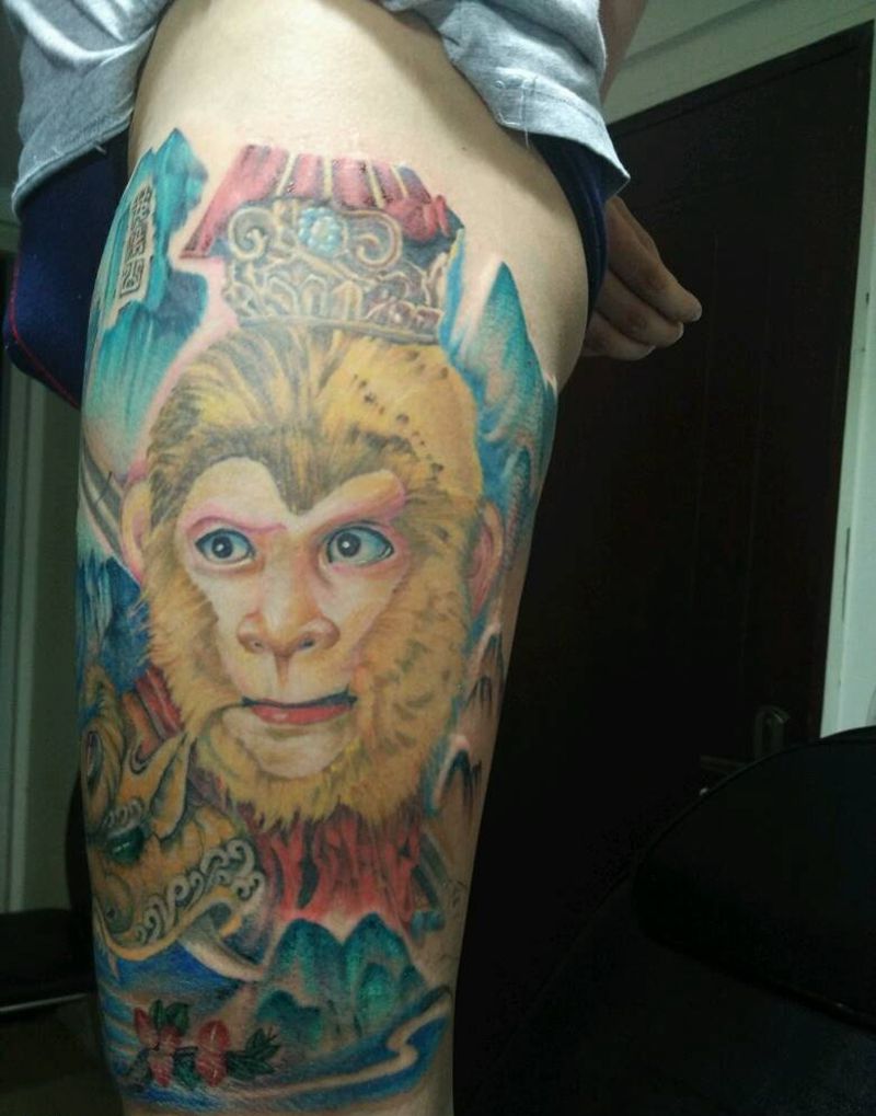 经典美猴王纹身图片_腿部脚部传统肖像国画人物静物宗教原创成品纹身图案