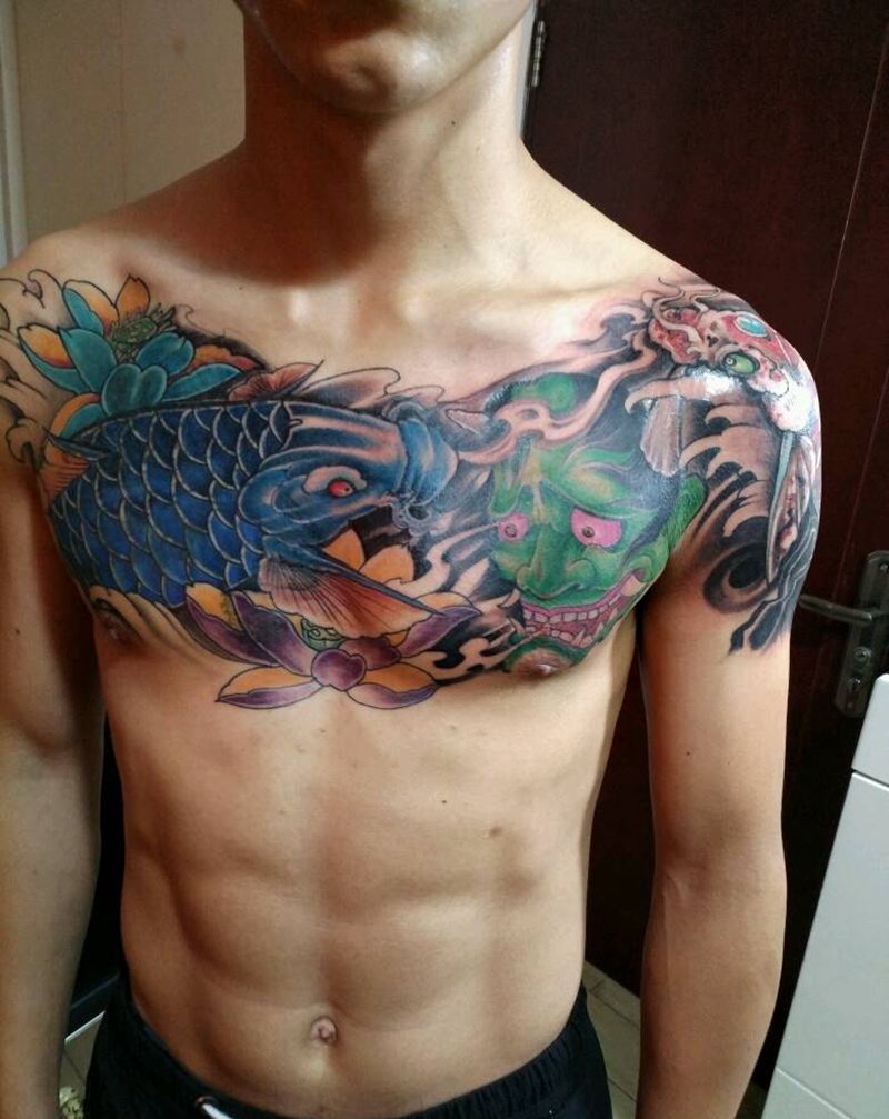 鲤鱼般若   遮盖纹身图片_颈部肩部胸部手臂手部传统国画动物鬼神纹身图案