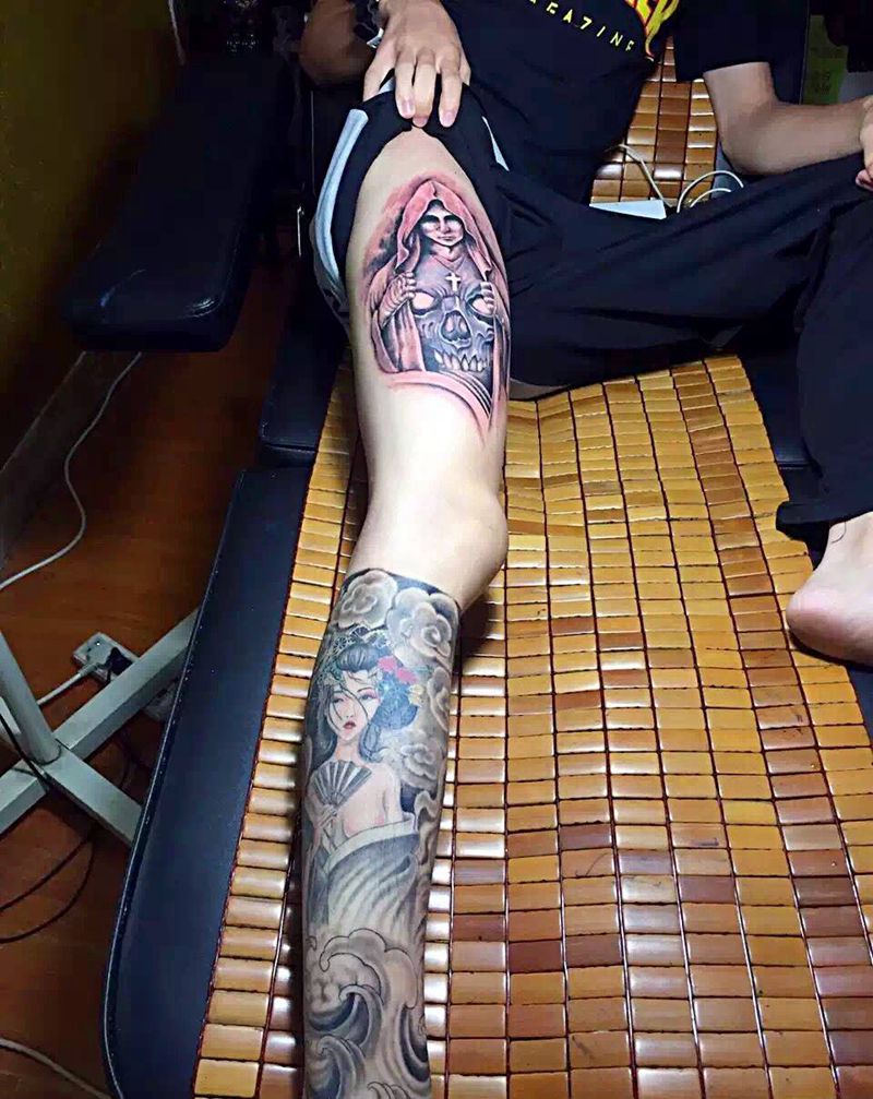 圣斗士纹身图片_成品腿部欧美肖像人物纹身图案