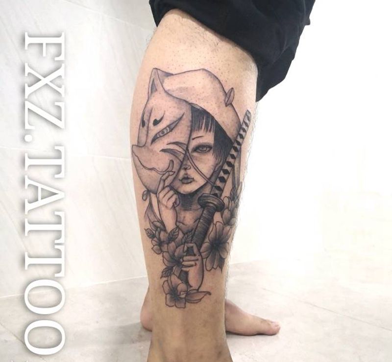 小腿艺伎纹身图片_腿部纹身图案