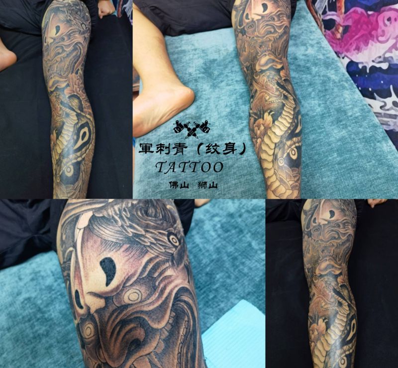 般若   蛇纹身图片_腿部新传统纹身图案
