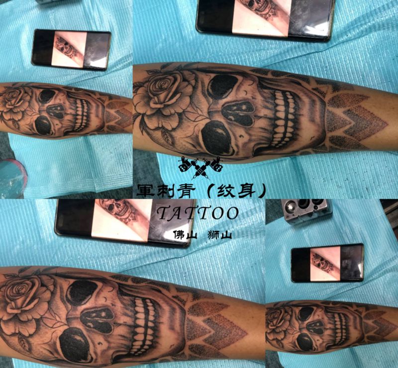 骷髅头玫瑰纹身图片_腿部新传统点刺纹身图案