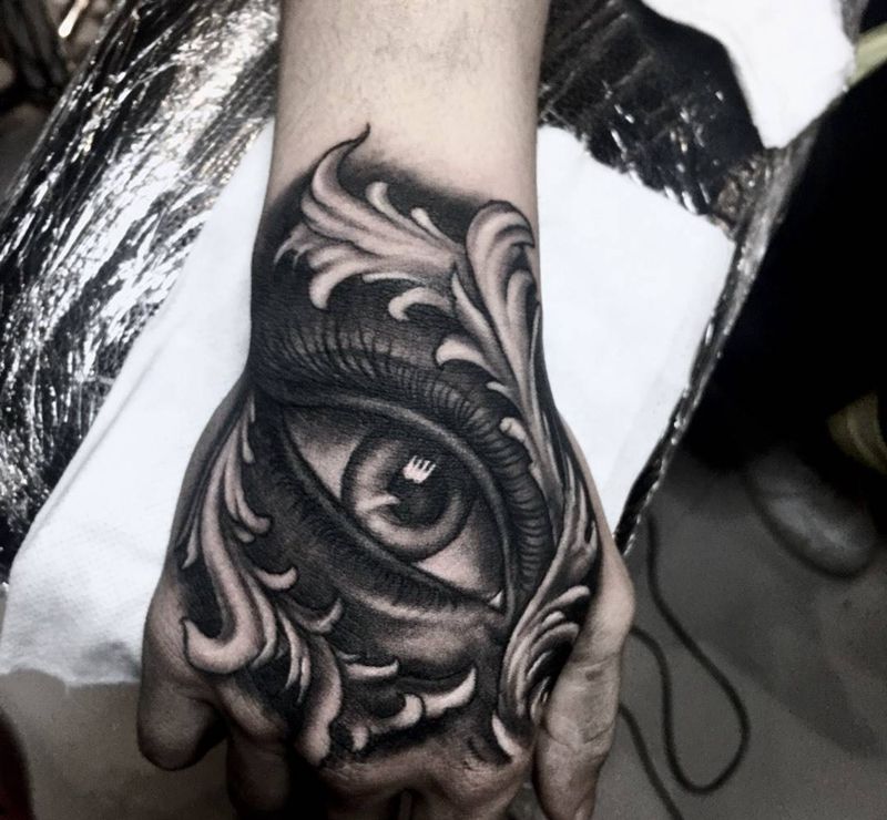 眼纹身图片_手部欧美写实眼睛手背黑灰纹身图案