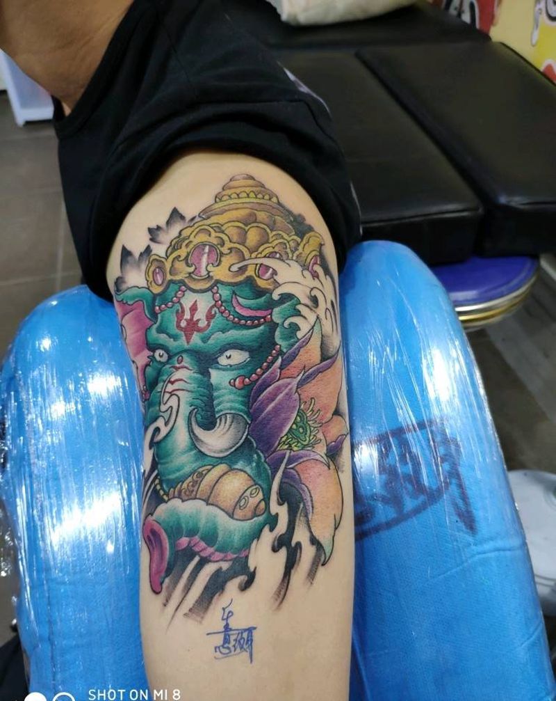 象神纹身图片_手臂手部新传统水彩纹身图案