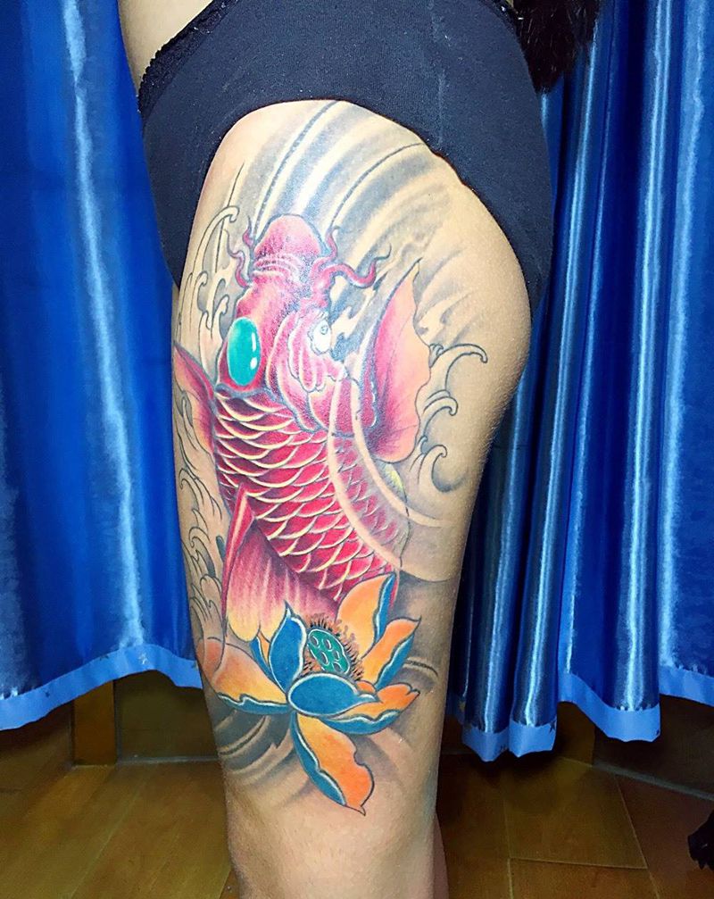 大腿鲤鱼，纹身图片_成品腿部传统原创纹身图案