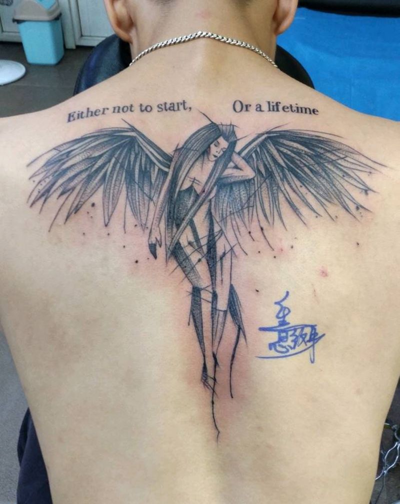 天使纹身图片_背部点刺几何纹身图案