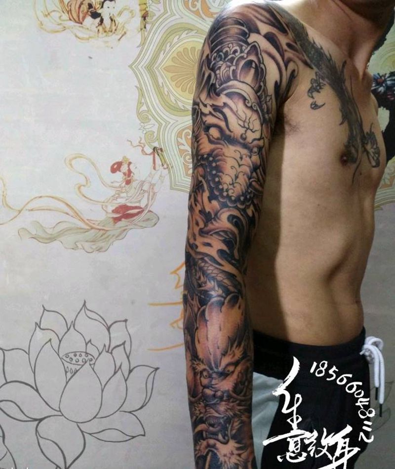 象神龙花臂纹身图片_肩部手臂新传统纹身图案