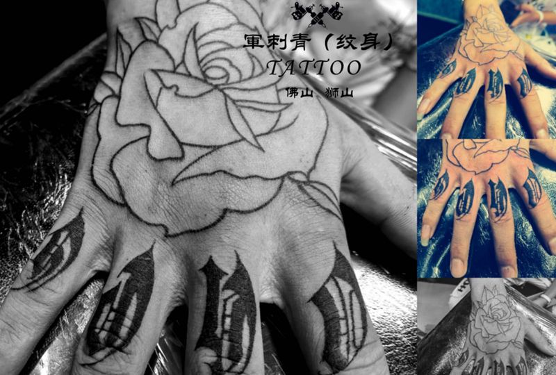 玫瑰花+花体字母纹身图片_手部老传统花体字纹身图案