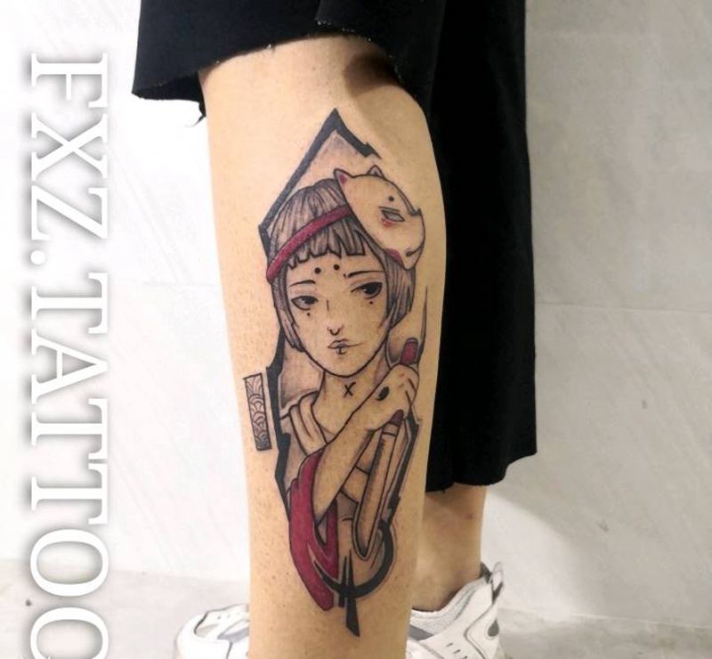 日式少女纹身图片_腿部纹身图案
