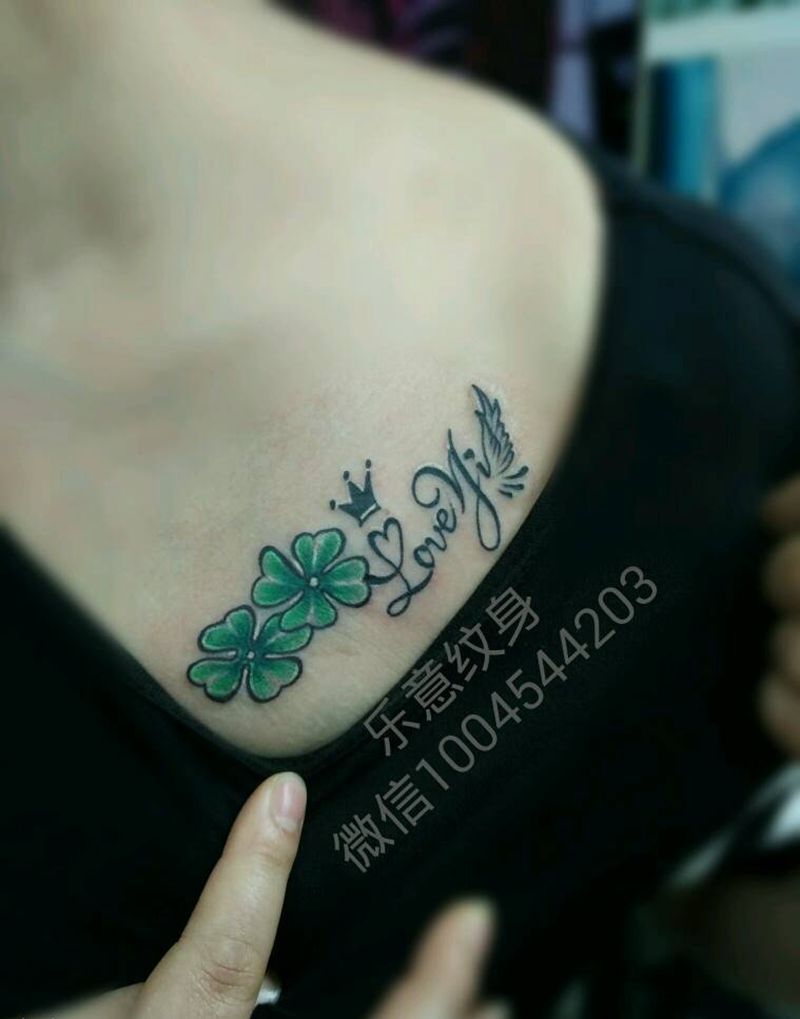 小清新四叶草纹身图片_胸部清新字符植物图腾纹身图案