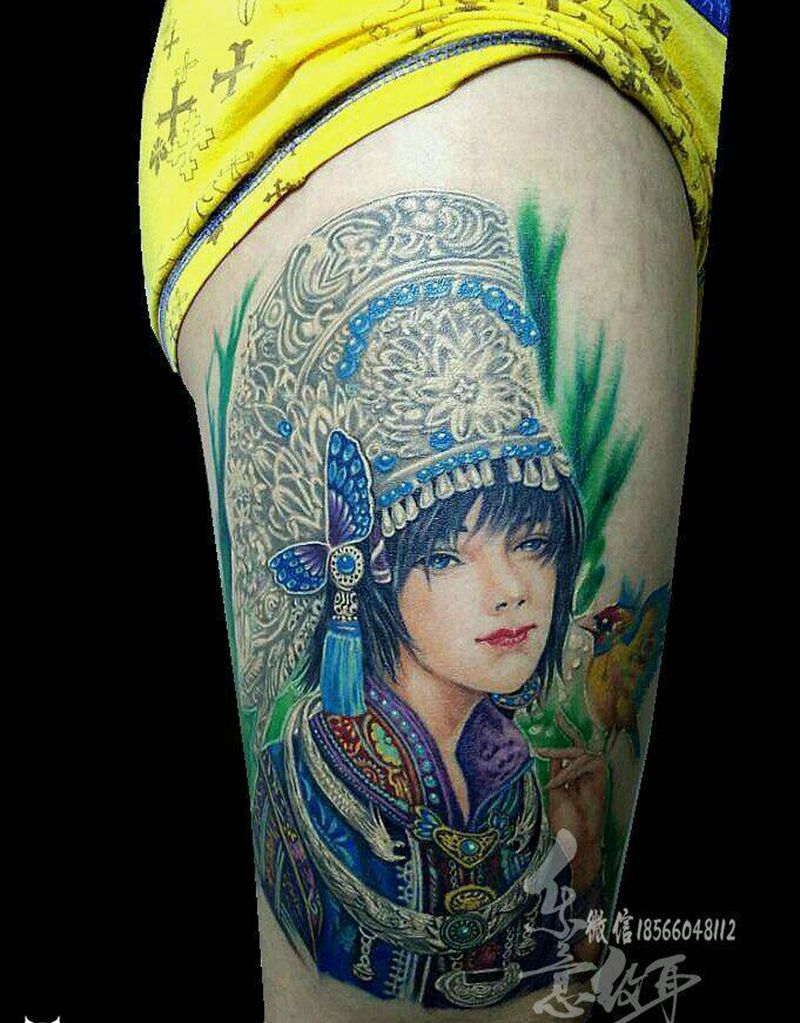 苗家姑娘纹身图片_腿部脚部欧美肖像写实国画人物原创成品插画纹身图案