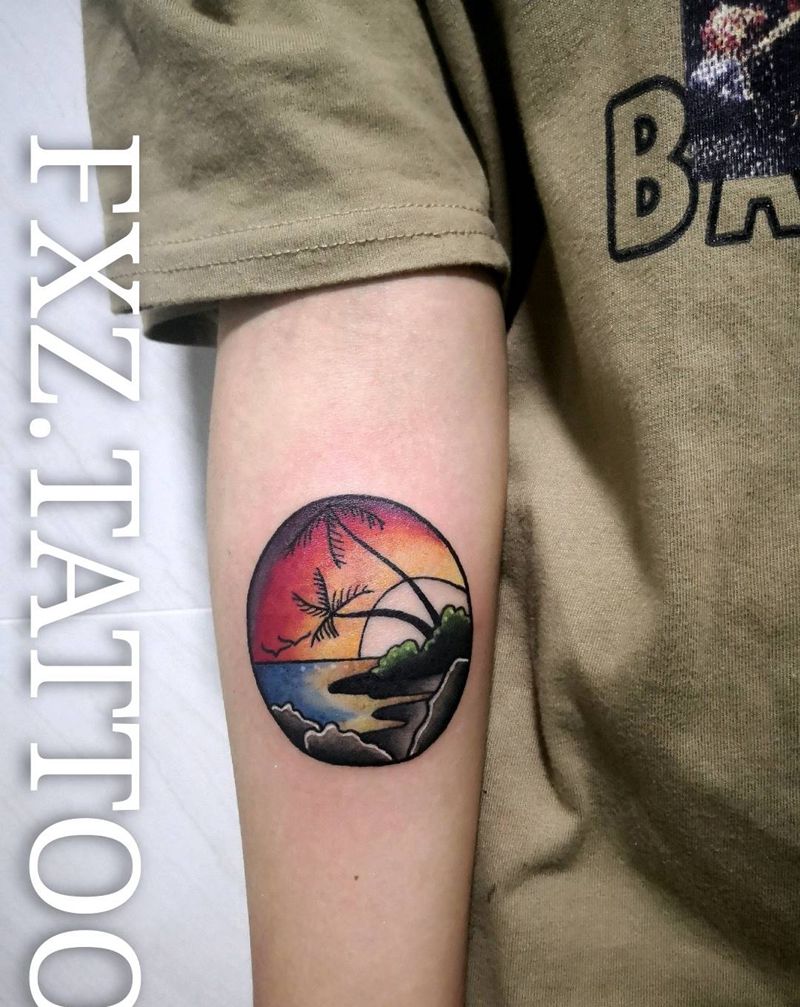 惬意沙滩纹身图片_手臂New School纹身图案