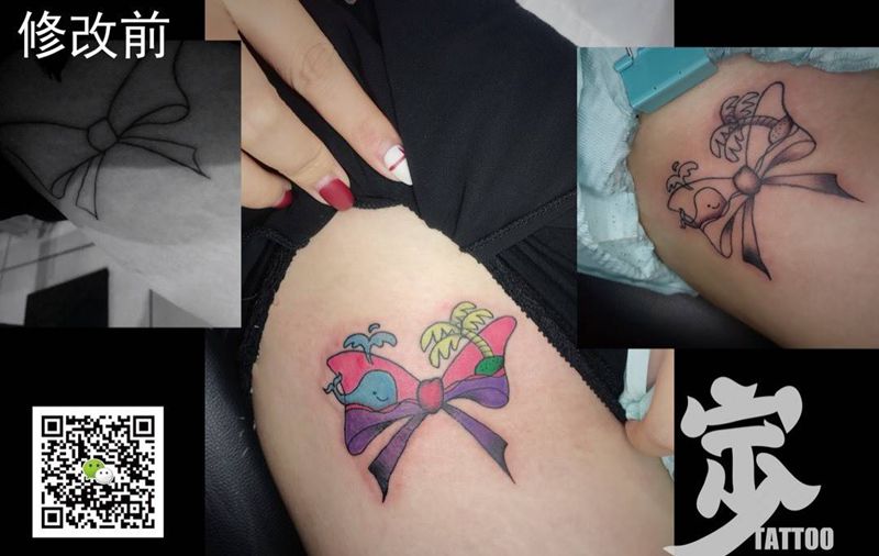 蝴蝶结+修改纹身图片_宁少Tattoo遮盖成品腿部清新原创纹身图案