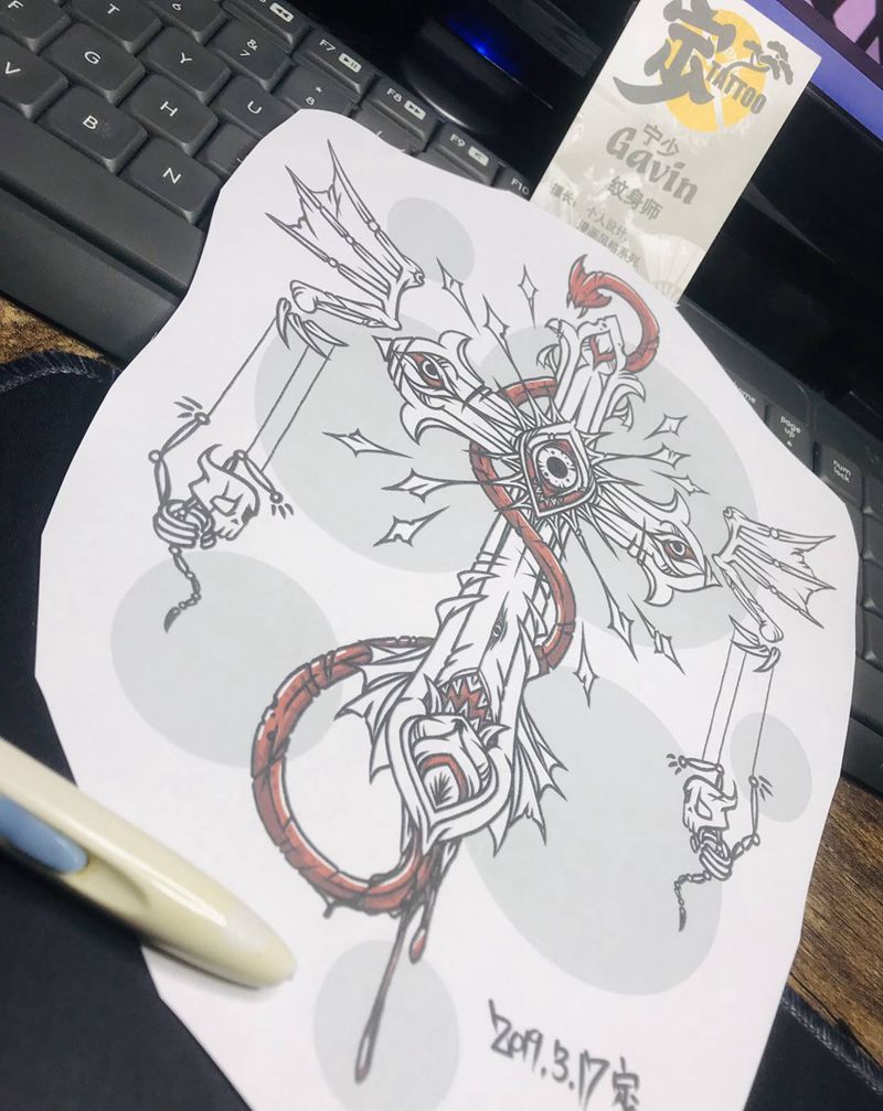 原创+十字架✟纹身图片_背部腿部New School图腾十字架原创手稿纹身图案