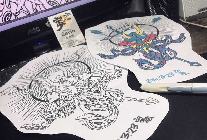 原创手稿+龙王班若纹身图片_背部腿部新传统New School龙王班若纹身图案