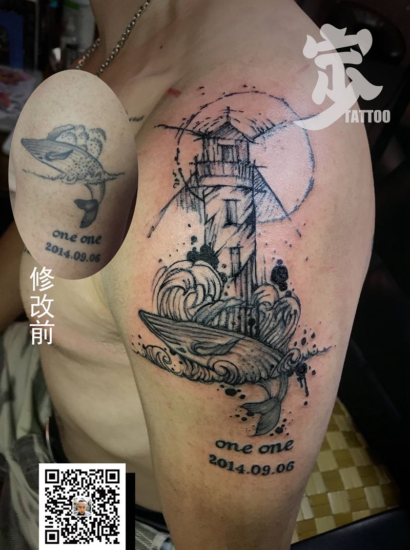 修改鲸鱼+灯塔纹身图片_手臂水墨New School纹身图案