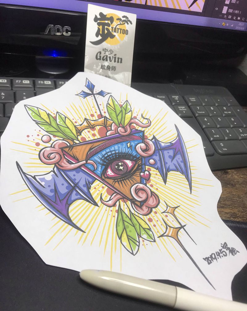 原创手稿+智慧之眼纹身图片_背部New School原创手稿宁少Tattoo纹身图案