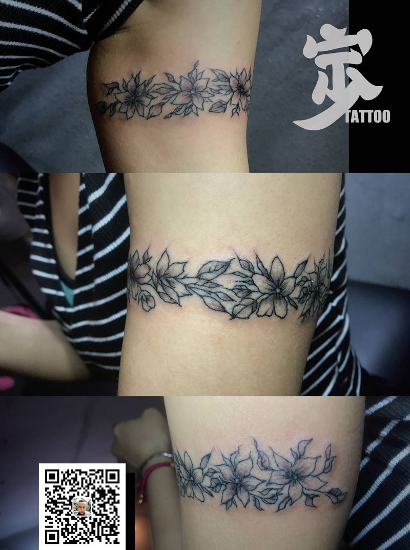 即兴小花环纹身图片_手臂点刺图腾手环纹身图案