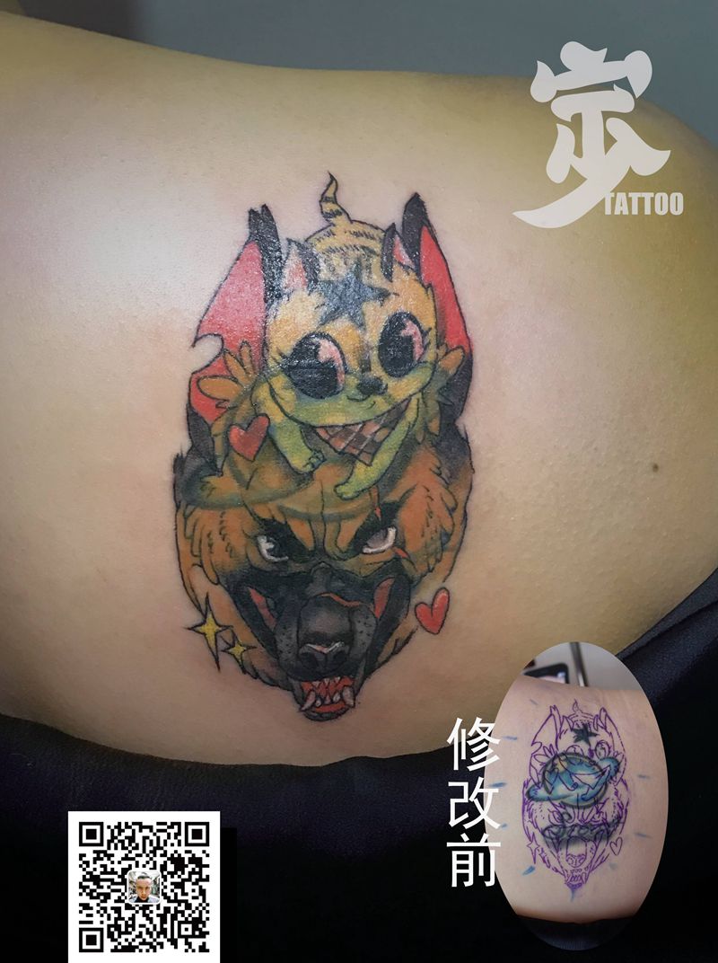覆盖修改+狼狗小猫纹身图片_肩部背部New School覆盖纹身图案