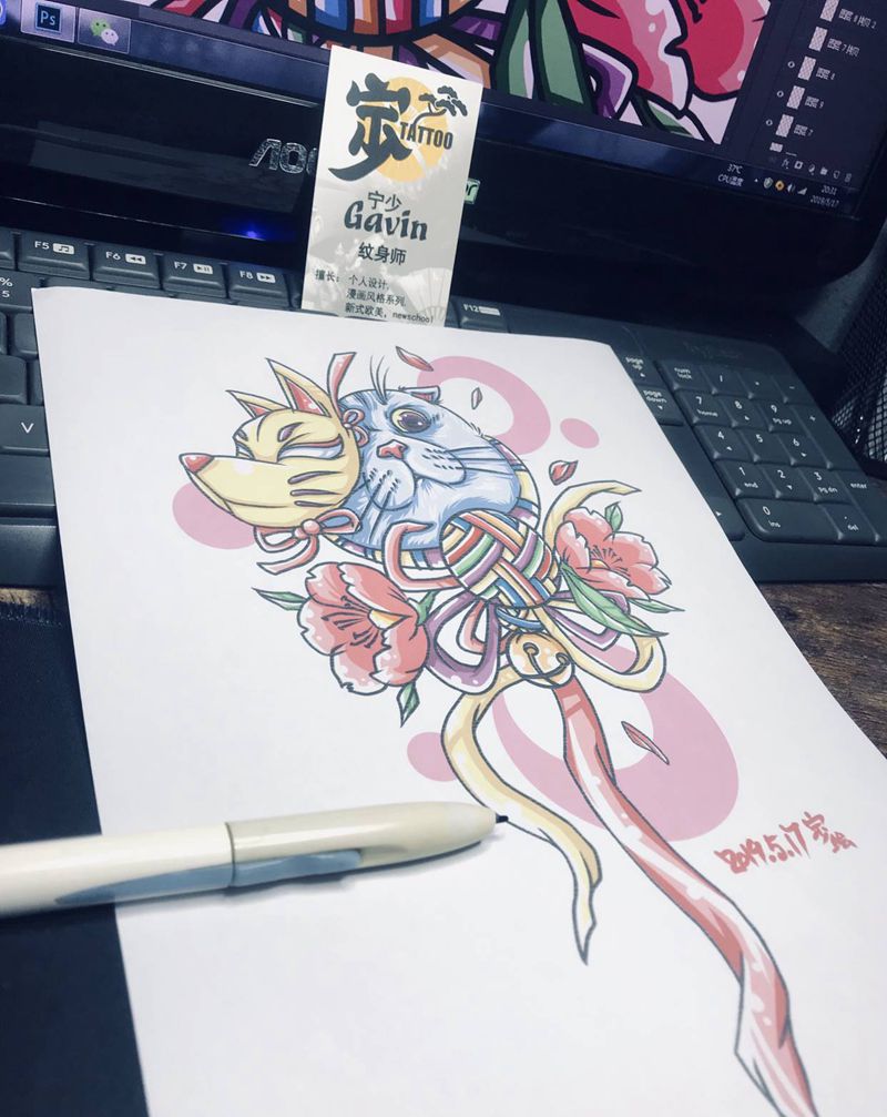 原创手稿+重庆小姐姐的猫纹身图片_背部腿部New School宁少Tattoo原创手稿纹身图案