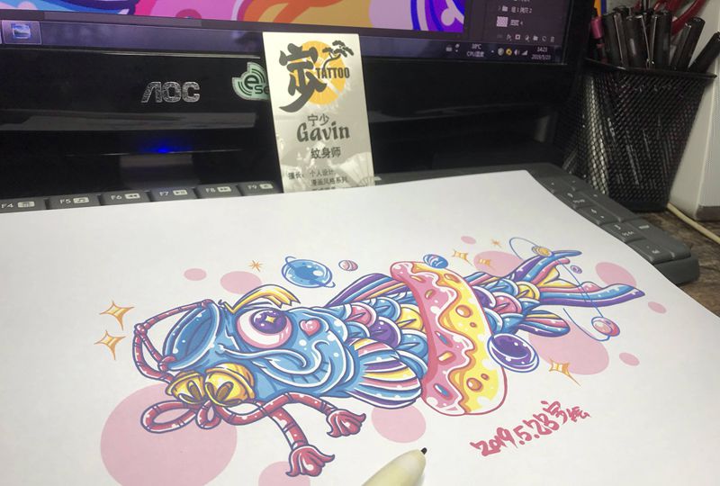 原创手稿+鲤鱼旗甜甜圈纹身图片_腿部New School宁少Tattoo纹身图案