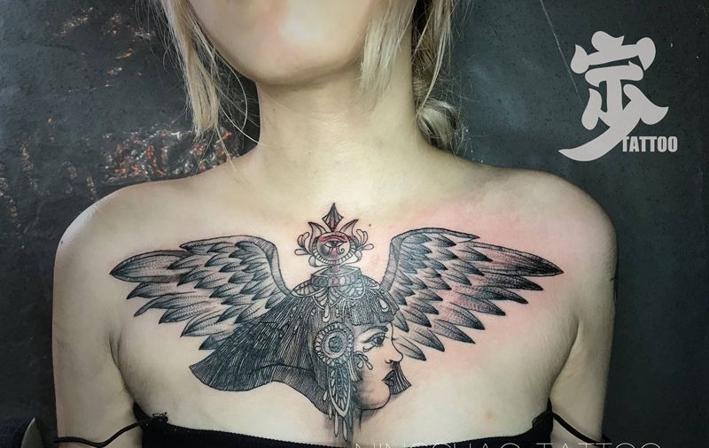 埃及艳后花胸覆盖纹身图片_胸部New School点刺覆盖纹身图案