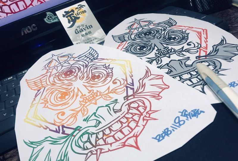 原创图腾+梅花♣︎三眼+黑桃♠嘴纹身图片_肩部腿部New School图腾梅花黑桃宁少Tattoo纹身图案