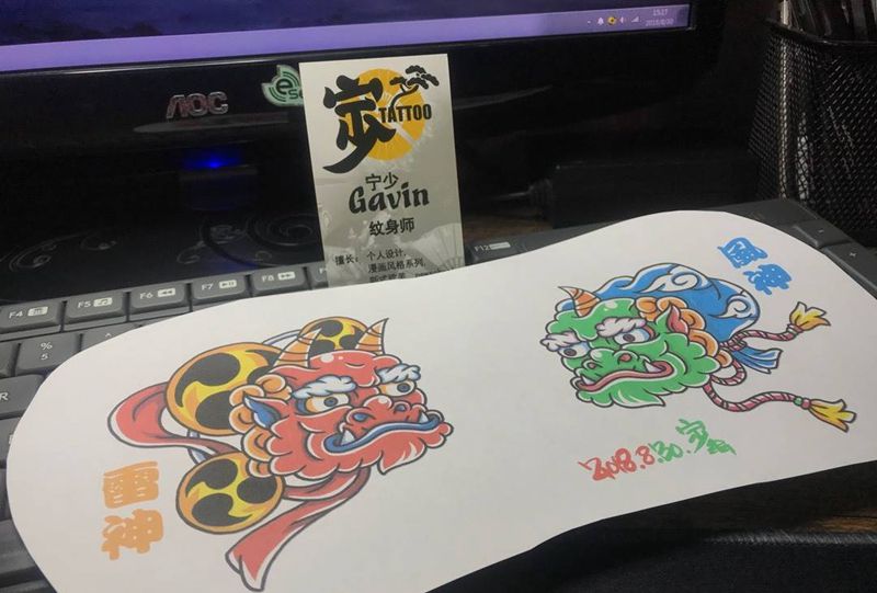 风神+雷神+手稿纹身图片_胸部手臂New School新传统手稿宁少Tattoo纹身图案