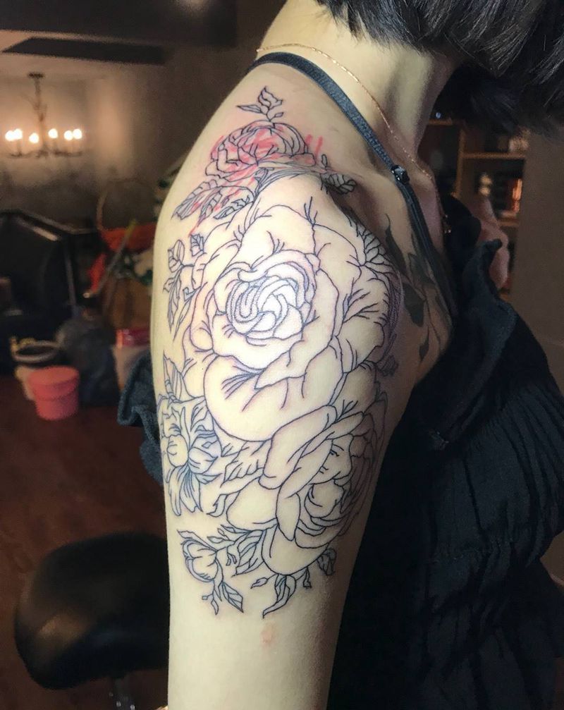 大花臂+覆盖（未完成）纹身图片_宁少Tattoo遮盖植物欧美手臂纹身图案