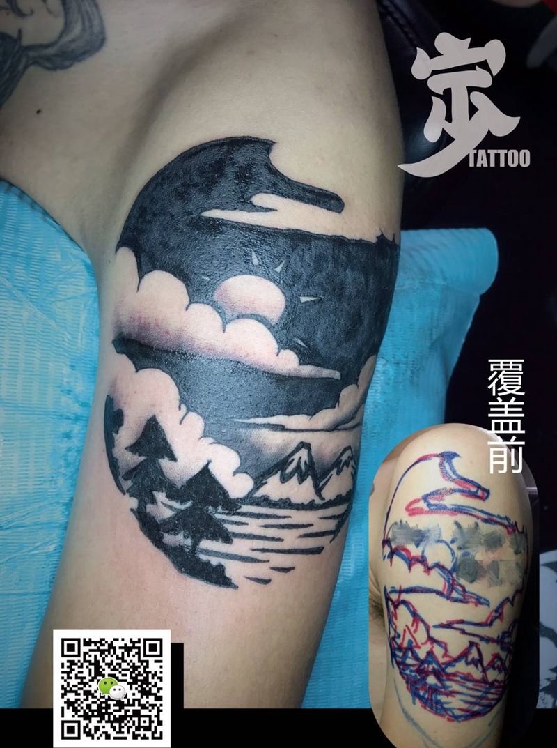 风景覆盖旧名字纹身图片_手臂图腾覆盖纹身图案