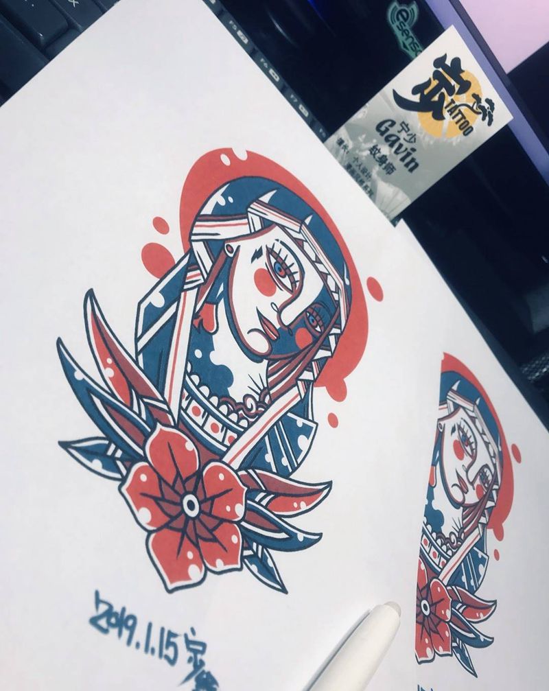 原创手稿+阴阳脸圣母纹身图片_手臂腿部Old SchoolNew School纹身图案