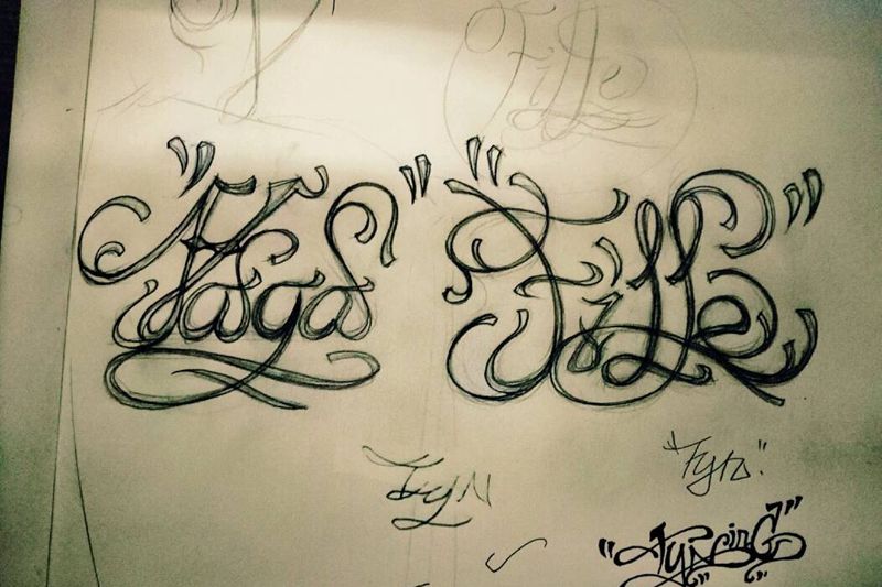 花体字设计纹身图片_臀部腿部欧美字符原创手稿纹身图案