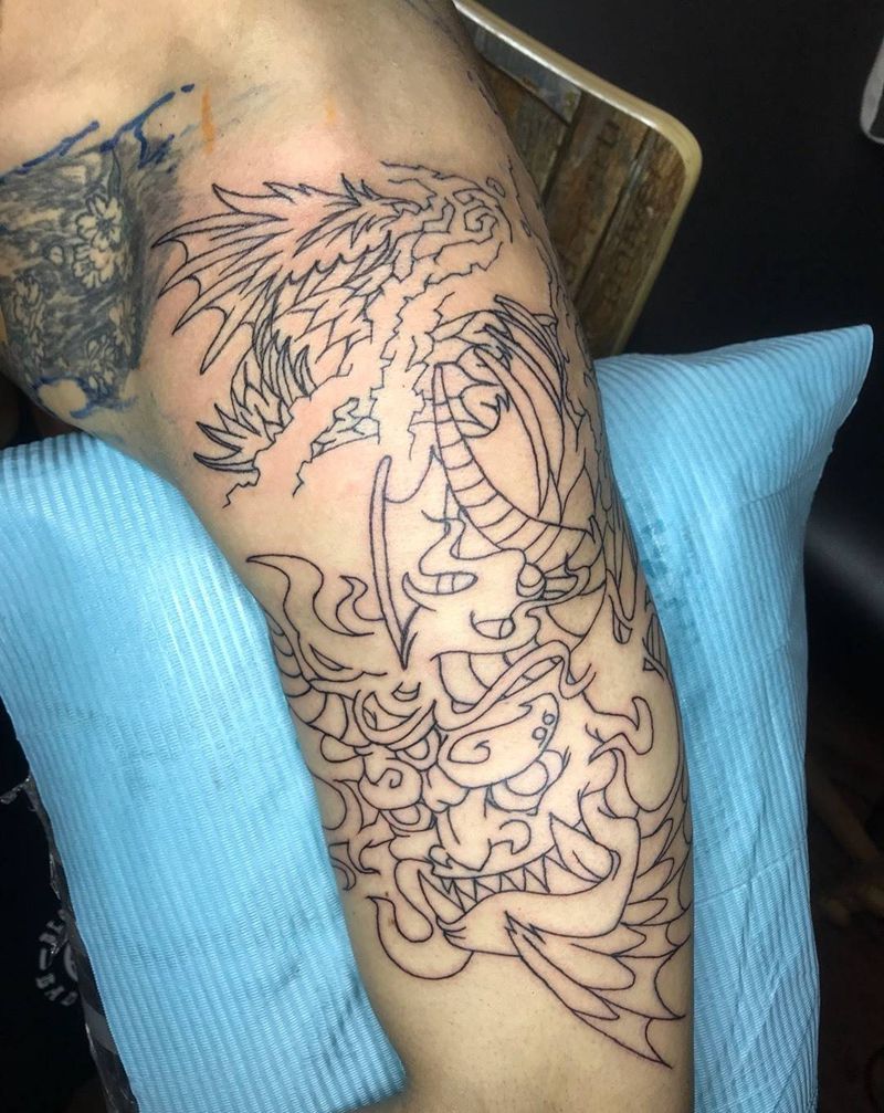 原创鱼龙+未完成纹身图片_宁少Tattoo原创鬼神动漫风格传统手臂纹身图案