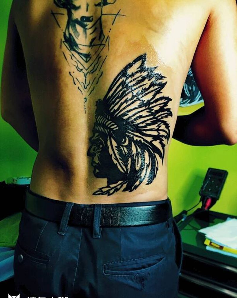 印地安头像纹身图片_腰部背部欧美人物图腾成品纹身图案