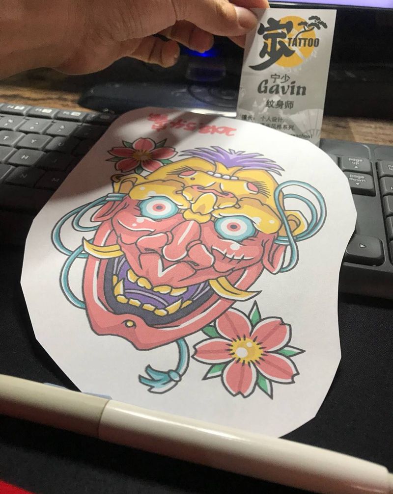 原创+双面般若+手稿纹身图片_宁少Tattoo动漫风格手稿胸部背部手臂腿部传统鬼神纹身图案