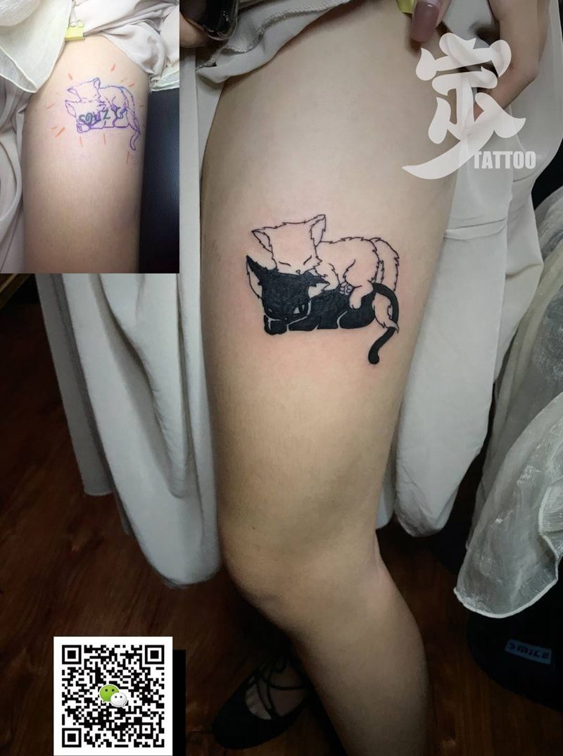 小猫+覆盖纹身图片_成品腿部清新动物遮盖宁少Tattoo纹身图案