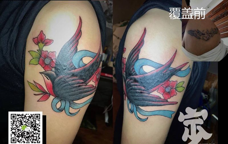 暴力覆盖+小燕子纹身图片_成品遮盖宁少Tattoo手臂欧美动物原创纹身图案