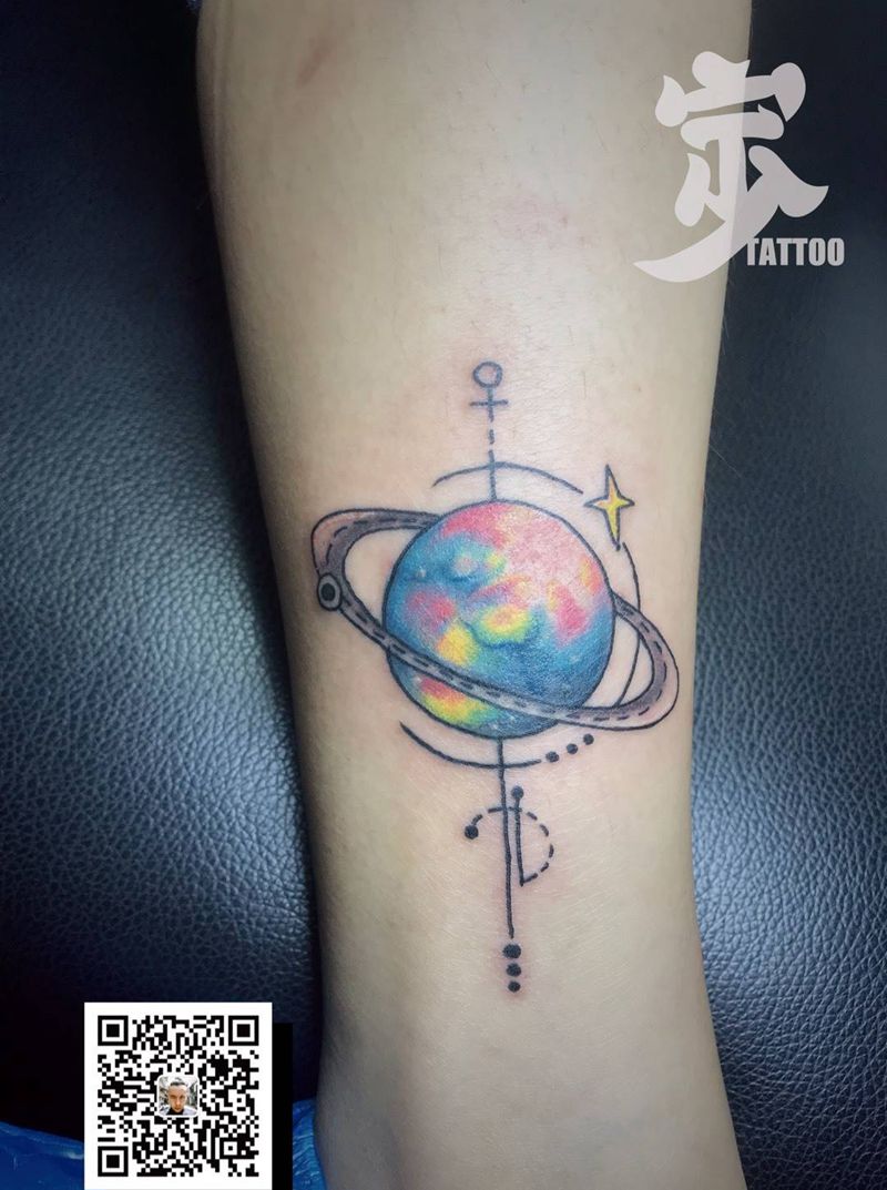 泼彩+星球纹身图片_腿部New School水彩纹身图案