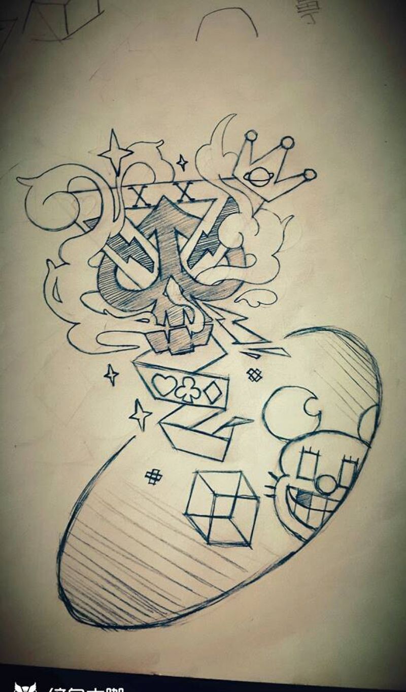 随手设计手稿纹身图片_欧美贴纸几何字符原创手稿纹身图案