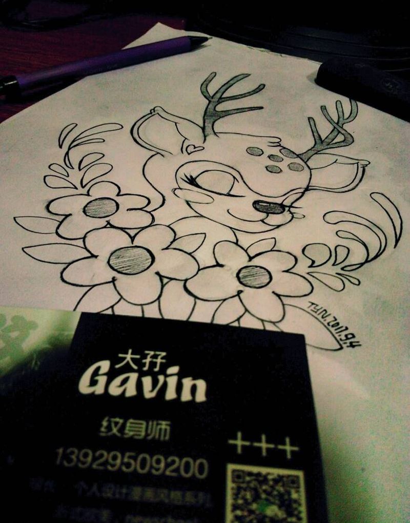 原创手稿+小鹿纹身图片_背部手臂腿部清新动物日式漫画手稿纹身图案