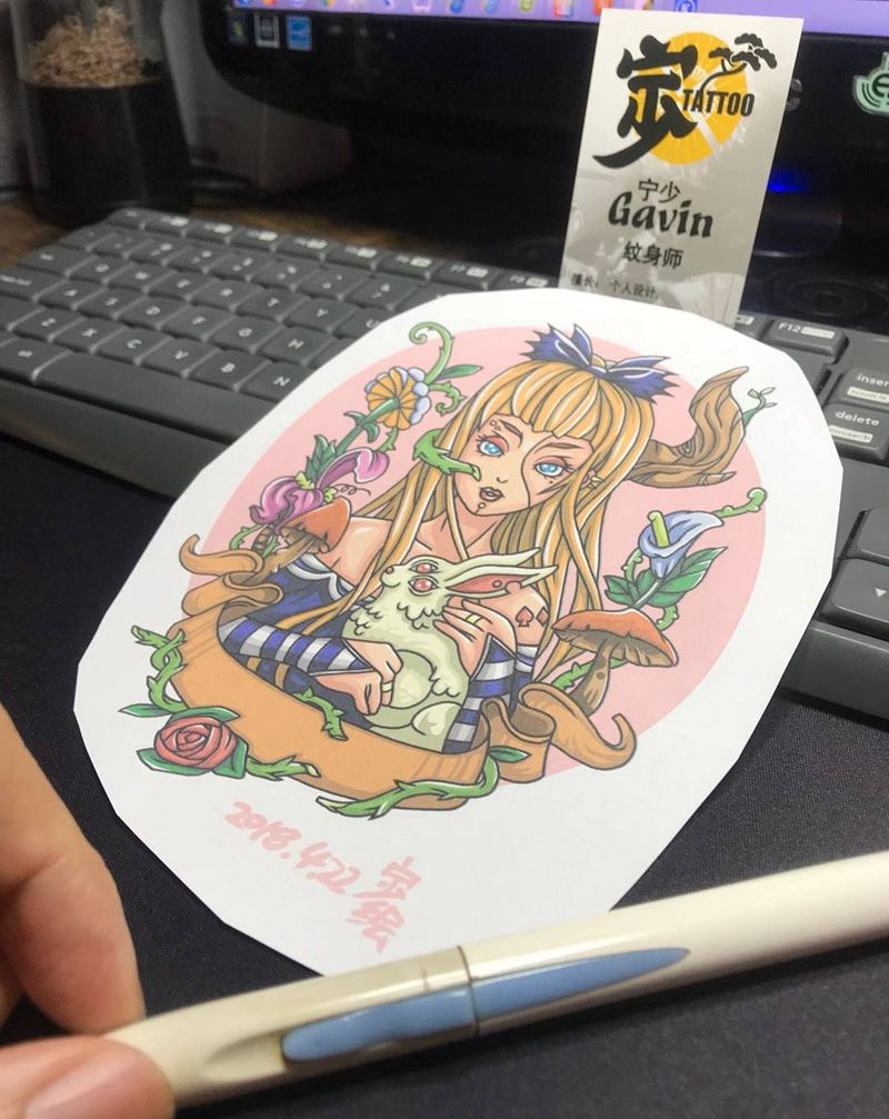 原创+植物女孩纹身图片_宁少Tattoo动漫风格手稿腿部肩部臀部手臂背部欧美原创纹身图案